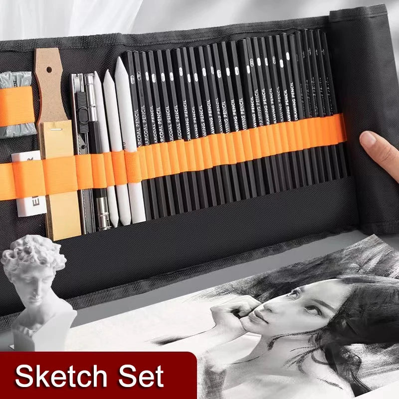 Sketching Kit: Pencils, Charcoal, Kneaded Eraser, Pencil Knife, and Portable Pouch