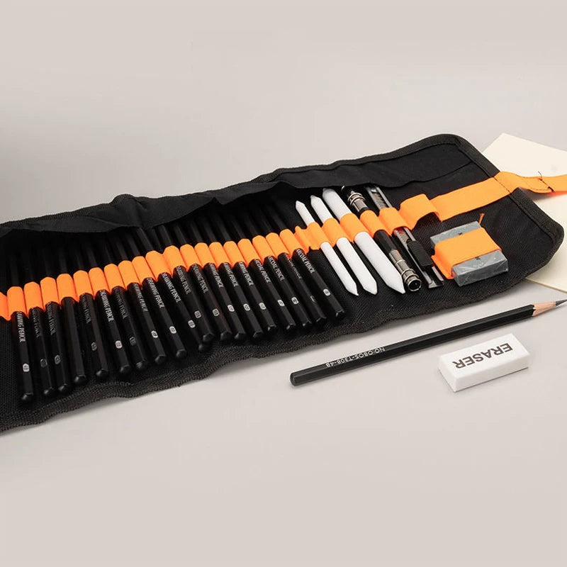 Sketching Kit: Pencils, Charcoal, Kneaded Eraser, Pencil Knife, and Portable Pouch